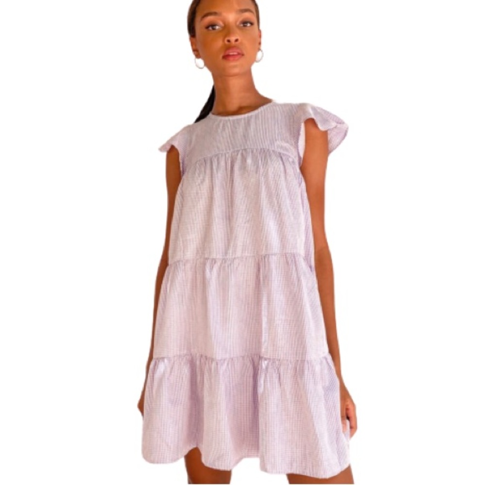 Lulu's Gingham Tiered Babydoll Dress Lavender Size M